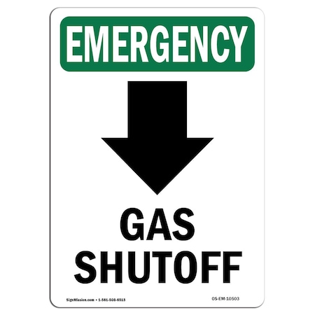 Signmission Safety Sign, OSHA EMERGENCY, 18" Height, Rigid Plastic, Gas Shutoff (Down Arrow), Portrait OS-EM-P-1218-V-10503